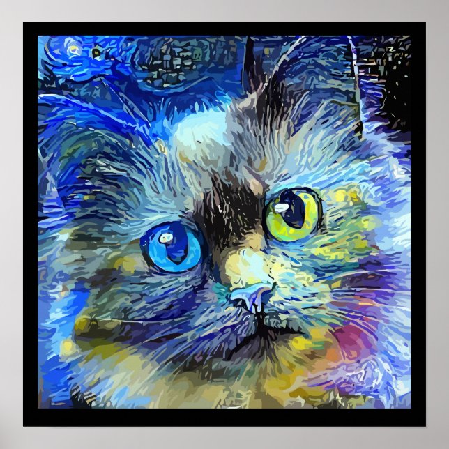Affiche Portrait de chat impressionniste bleu jaune noir  (Devant)