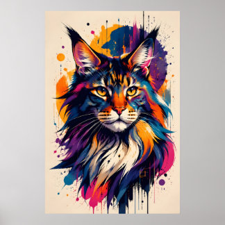 Affiche Portrait de chat Maine Coon coloré dans un style d
