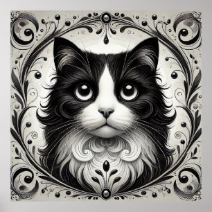 Affiche Portrait de chat noir et blanc
