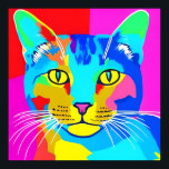 Affiche Portrait de chat Pop Art multicolore<br><div class="desc">Poster dans un style rétro,  pop art,  portrait de chat en couleurs vives,  primaires de magenta,  cyan,  bleu et jaune</div>