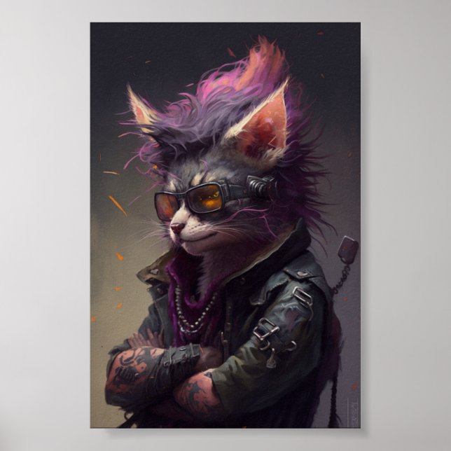 Affiche Portrait de chat Punk Rock, Illustration de chat,  (Devant)