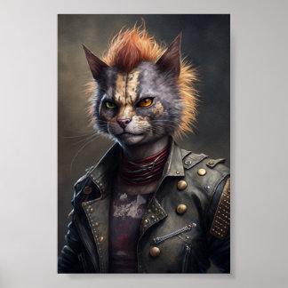 Affiche Portrait de chat Punk Rock, Illustration de chat a