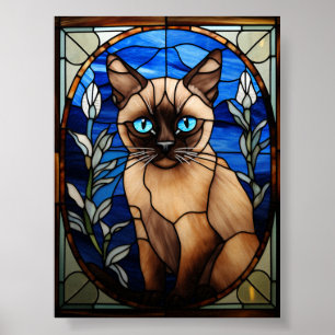 Affiche Portrait de chat siamois aux yeux bleus en vitrail