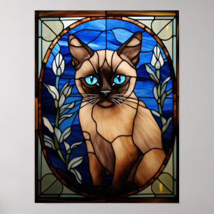Affiche Portrait de chat siamois aux yeux bleus en vitrail
