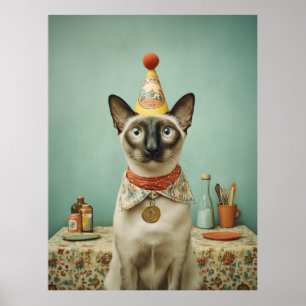 Affiche Portrait de chat siamois vintage avec chapeau de f