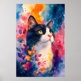 Affiche Portrait de chat smoking à l'aquarelle couleurs vi