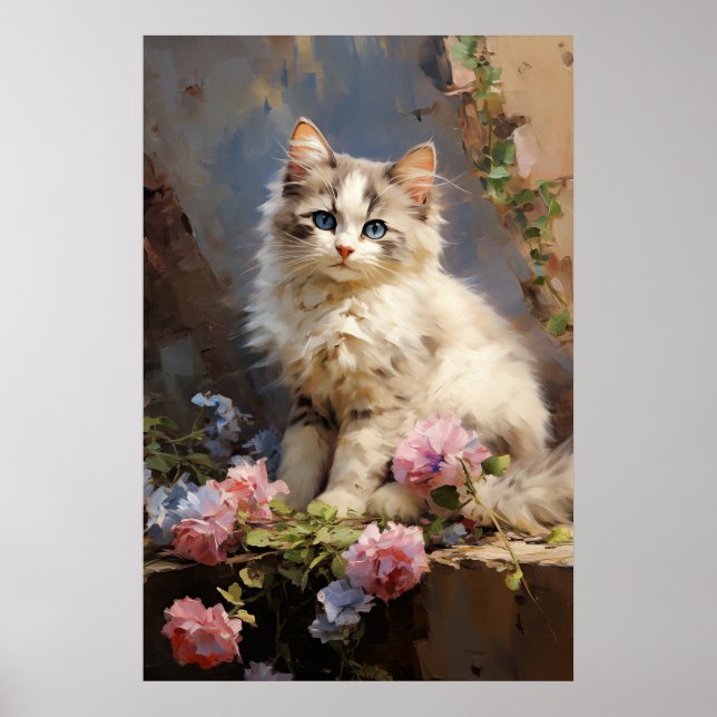 Affiche Portrait de chaton Ragdoll avec fleurs (Devant)