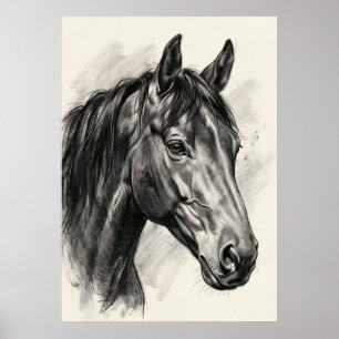 Affiche Portrait de Cheval Dessin au Fusain Réaliste Éques