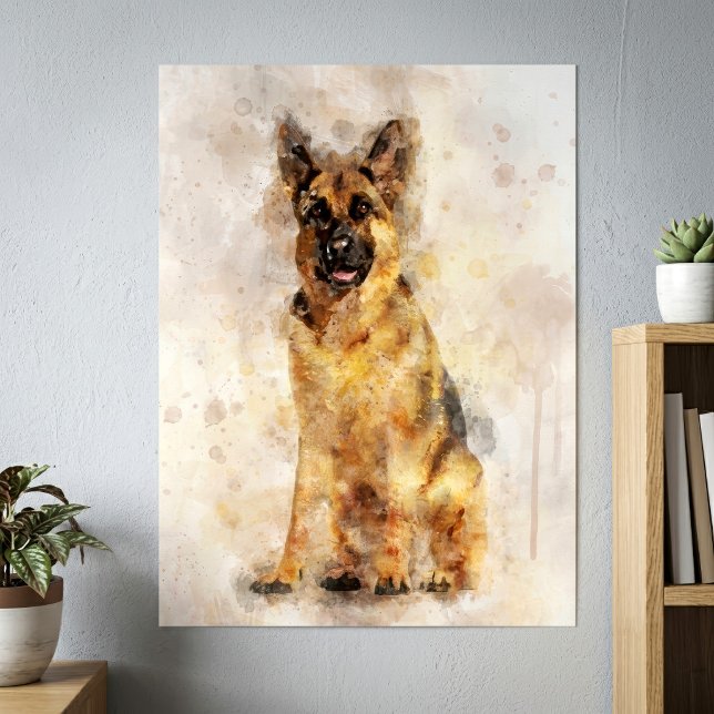 Affiche Portrait de chien berger allemand en aquarelle Art (German Shepherd Watercolor Dog Portrait Art. Poster)