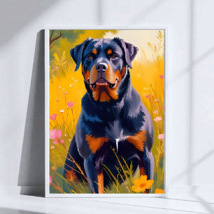 Affiche Portrait de chien Rottweiler peinture aquarelle