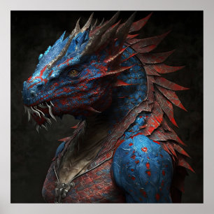 Affiche Portrait de dragon rouge bleu IA art