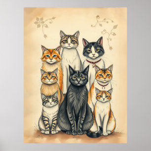 Affiche Portrait de famille de chats d'inspiration vintage