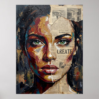 Affiche Portrait de femme abstrait aux techniques mixtes s