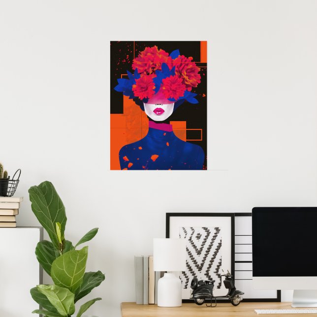 Affiche Portrait de femme abstrait moderne avec fleurs (Bureau à domicile)
