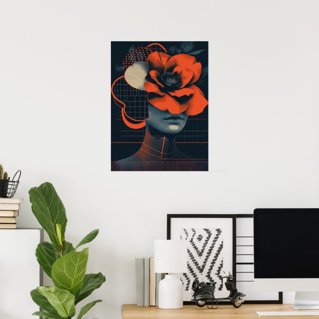 Affiche Portrait de femme abstrait moderne avec fleurs (Bureau à domicile)