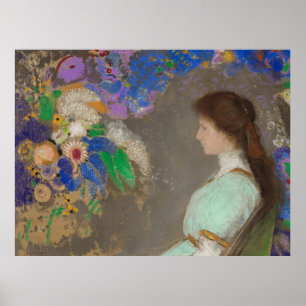 Affiche Portrait de femme avec des fleurs par Odilon Redon