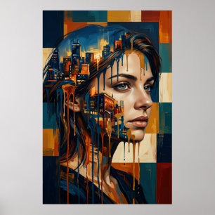 Affiche Portrait de femme avec double exposition de paysag