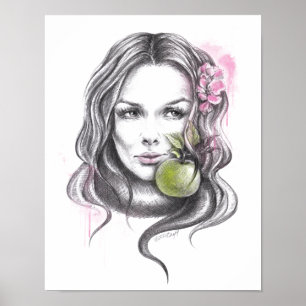 Affiche Portrait de femme avec pomme et fleur Art Surreal