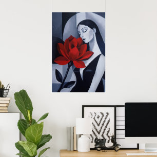 Affiche Portrait de femme d'art moderne avec rose rouge Fl