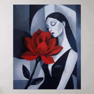 Affiche Portrait de femme d'art moderne avec rose rouge Fl