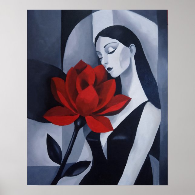 Affiche Portrait de femme d'art moderne avec rose rouge Fl (Devant)