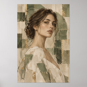 Affiche Portrait de femme élégante avec Ba abstrait vert s