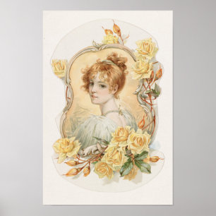Affiche Portrait de femme encadré de roses jaunes