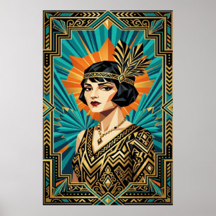 Affiche portrait de femme Flapper Art déco doré sa
