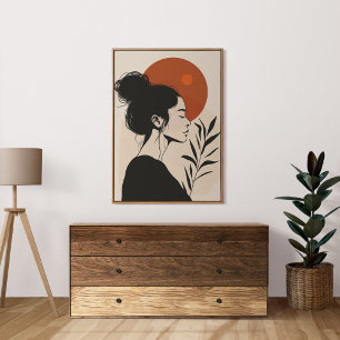 Affiche Portrait de femme noir et blanc Soleil rouge