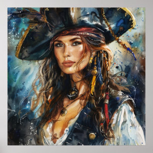 Affiche Portrait de femme pirate à l'aquarelle