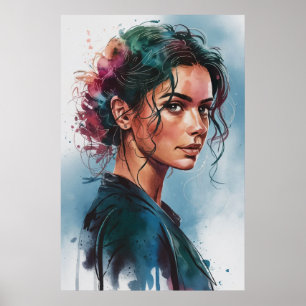 Affiche Portrait de femme rêveur à l'aquarelle avec des ch