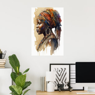 Affiche Portrait de femme tribale africaine en aquarelle s