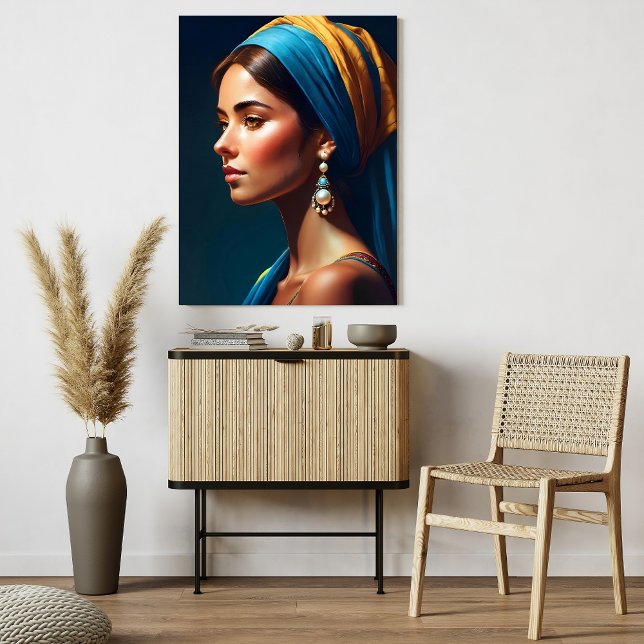 Affiche Portrait de fille en bleu et or, style classique | (Créateur téléchargé)