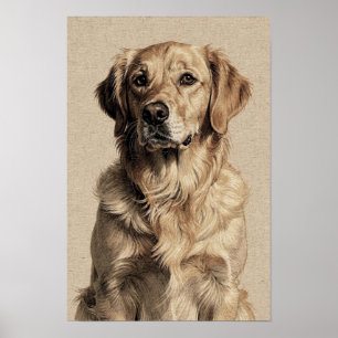 Affiche Portrait de Golden Retriever en Ocre et Indigo
