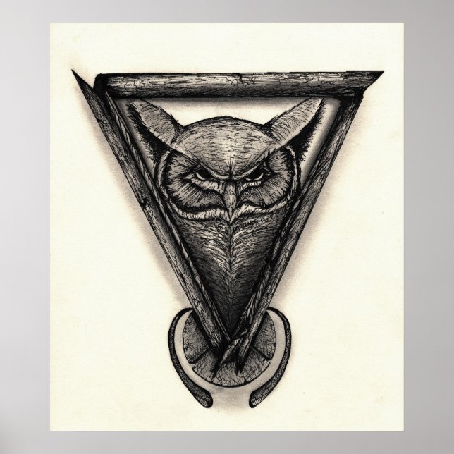 Affiche Portrait de hibou, encre et illustration crayon (Devant)