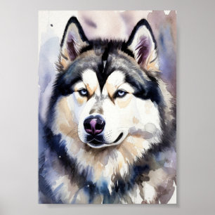 Affiche Portrait de Husky Sibérien Aquarelle Art Fin - Ble