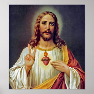 Affiche Portrait de Jésus signe de paix du Cœur Sacré