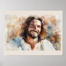Portrait de Jésus souriant à l'aquarelle | Art chr