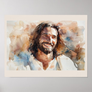 Affiche Portrait de Jésus souriant à l'aquarelle Art chr