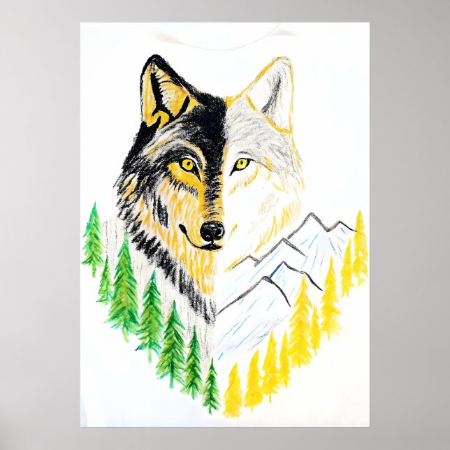 Affiche Portrait de loup artistique avec Arrière - plan na (Devant)