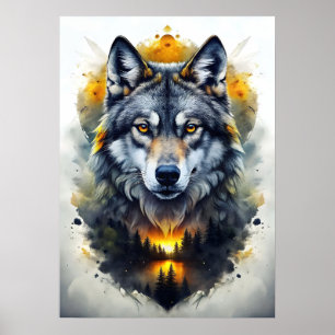 Affiche Portrait de loup majestueux en art Abstrait