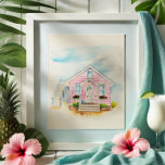 Affiche Portrait de maison rose aquarelle<br><div class="desc">Cette charmante aquarelle d'une maison présente une maison blanche rose inspirée de l'architecture tropicale et du charme côtier. Créée par Victoria Grigaliunas, une artiste d'aquarelle de Palm Beach en Floride, cette pièce fait partie de sa collection d'aquarelles de Floride et capture l'essence de la vie au bord de la plage....</div>