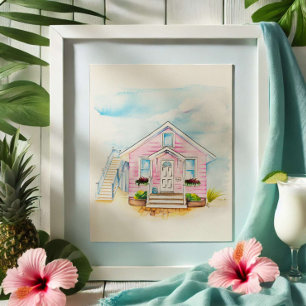 Affiche Portrait de maison rose aquarelle