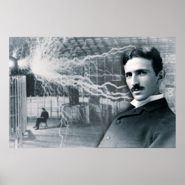 AFFICHE PORTRAIT DE NIKOLA TESLA EN NOIR ET BLANC (Devant)