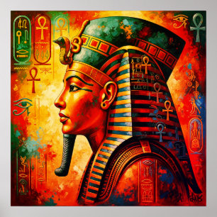 Affiche Portrait de pharaon égyptien animé avec Hiéroglyph