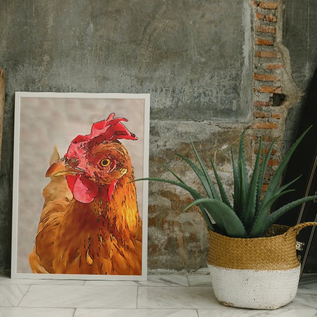 Affiche Portrait de poulet agricole Noir Outline Art (Créateur téléchargé)