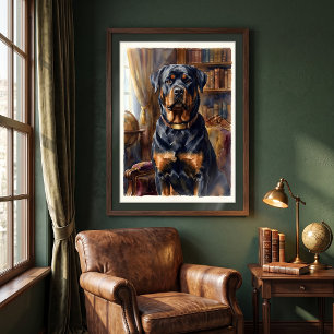 Affiche Portrait de Rottweiler royal dans une bibliothèque