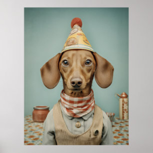 Affiche Portrait de teckel vintage avec chapeau de fête