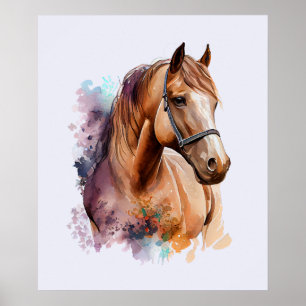 Affiche Portrait de tête de cheval brun à l'aquarelle