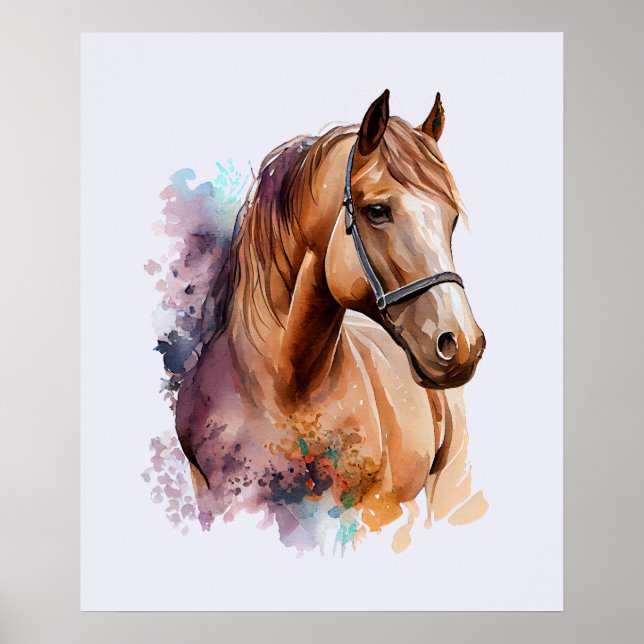 Affiche Portrait de tête de cheval brun à l'aquarelle (Devant)
